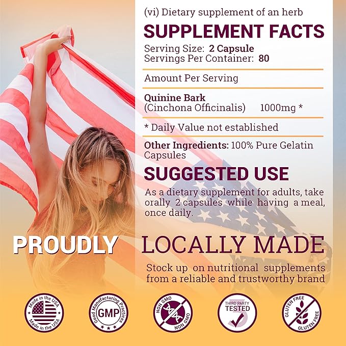 Quinine Capsules - Cinchona Officinalis Bark Herbal Supplement for Muscle Cramp Defense and Overall Digestive Health - All-Natural Quinine Sulfate Pills 500mg per Capsule 160 Tablets