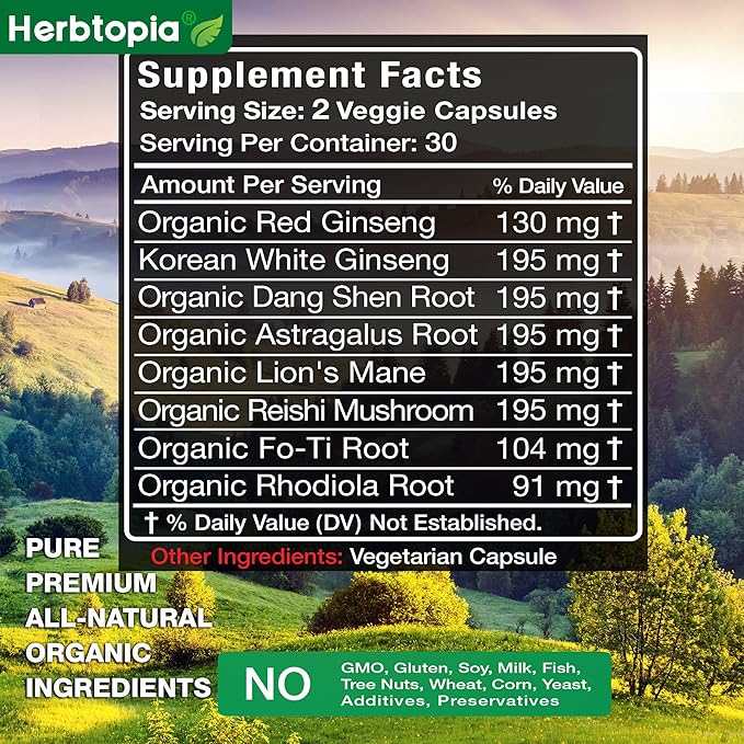 Forever Young Longevity Supplement for Immunity Anti Gray Hair Telomere Lengthening &amp Happy Mood w/Ginseng Astragalus Lions Mane Reishi Mushroom Codonopsis | Organic - 60 Caps