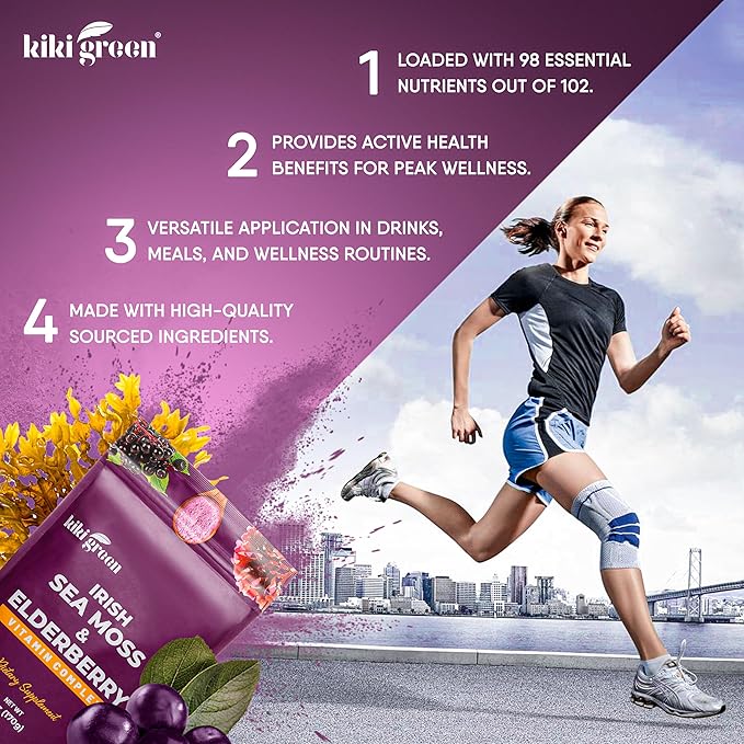 KIKI Green Sea Moss Powder with Elderberry - Vegan Superfood Multivitamin Blend - for Immune Boost and Support - Add to Smoothies Juice 6 oz