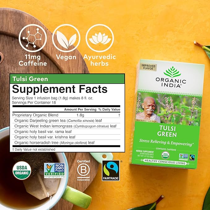Organic India Tulsi Green Tea Bags - Holy Basil Tea African Basil Stress Relieving Immune Support USDA Certified Organic Premium Darjeeling Green Tea Caffeinated - 18 Infusion Bags 6 Pack