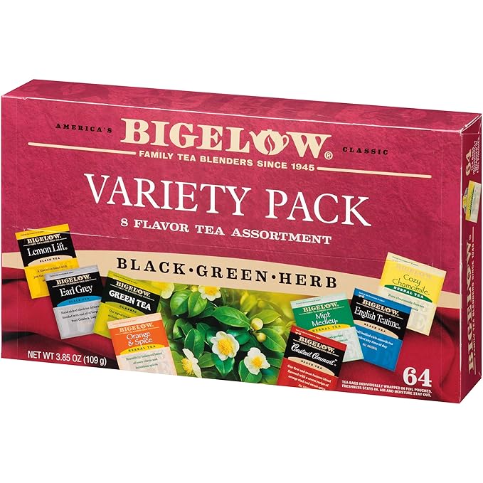Bigelow Fine Tea &amp Herbal Tea Assortment 64 Count Box (Pack of 2) Caffeinated and Caffeine Tea 128 Tea Bags Total