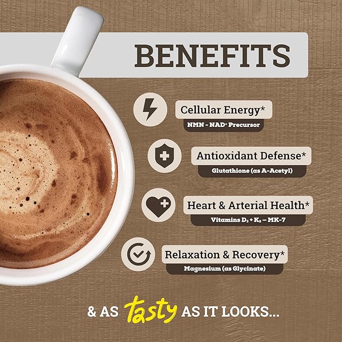 Black Forest Longevity Mix Mocha Coffee 10-in-1 with NMN 250mg Glutathione 250mg TMG Magnesium Glycinate Vitamins D3 K2 C B12 High Polyphenol Cocoa 30 Servings