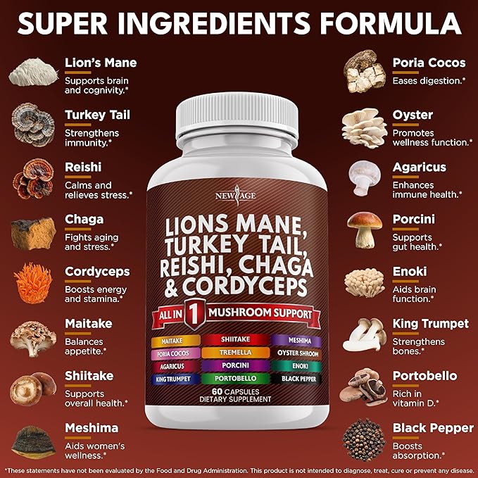 NEW AGE Lions Mane Mushroom Supplement with Turkey Tail Reishi Cordyceps Chaga with Marshmallow Root 180 Count