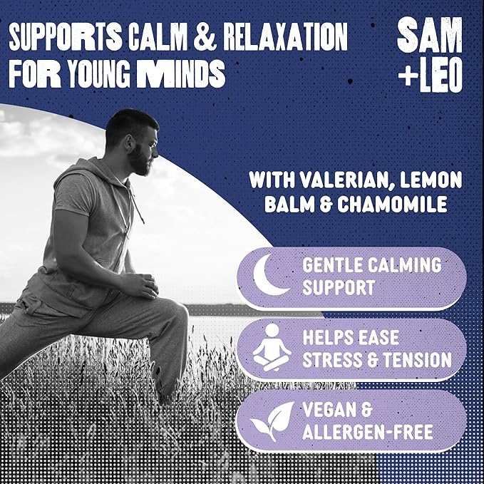 SAM+LEO Relax Gummies with Valerian Lemon Balm &amp Chamomile for Kids &amp Teens – Stress Relief &amp Relaxation Support – Vegan &amp Gluten Free Cherry Flavor (60 Count)