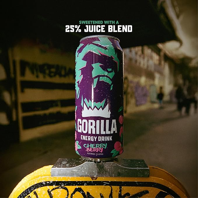 Gorilla Energy Drink Cherry Berry 200mg Natural Caffeine Real Fruit Juice Squeezed &amp Concentrated L-Theanine Taurine Ginseng Acetyl L-Carnitine No Added Sugar and No Artificial Colors 12
