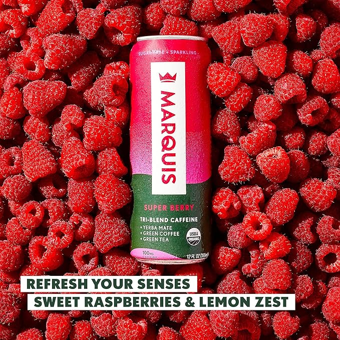 Marquis | Organic Energy Drink Alternative with Organic Plant Based Caffeine | Vegan Zero Calorie Sugar Free Sparkling Yerba Mate | Keto Energy Drinks Alternative | Citrus Yuzu x2+ Super Berry x2