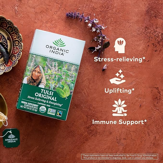 ORGANIC INDIA Tulsi Original Herbal Tea - Holy Basil and African Basil Calming and Stress Relief Tea Immune Support USDA Certified Organic Non-GMO Caffeine-Free - 18 Infusion Bags 6 Pack