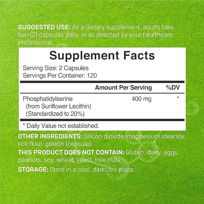 Phosphatidylserine Supplement 400mg Serving 240 Capsules – Soy Free Sunflower Lecithin Source