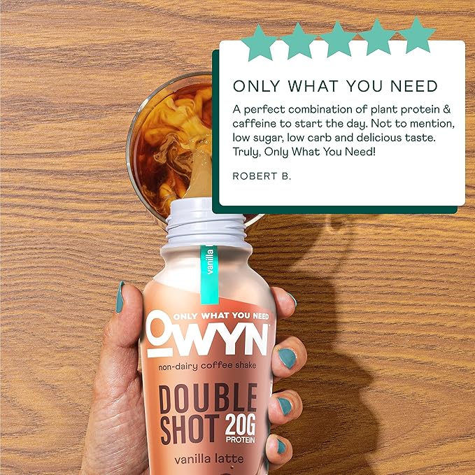 OWYN Only What You Need Double Shot Vanilla Latte Flavored Protein Shake 20g Protein 0g Sugar 3g Fiber 180mg Caffeine Dairy Free Plant Based Protein Drink 12 Count