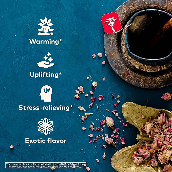 Organic India Tulsi Cinnamon Rose Herbal Tea - Holy Basil Stress Relieving &amp Mystical Immune Support USDA Certified Organic Supports Sugar Metabolism Caffeine-Free - 18 Infusion Bags 6 Pack