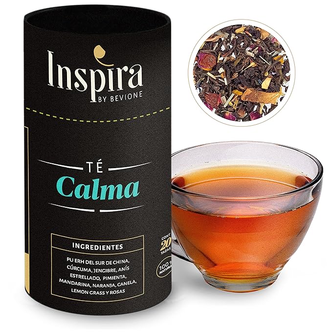 INSPIRA by BEVIONE Loose Leaf Tea – Calming Tea with Pu-erh Turmeric Ginger Lemongrass Herbal Tea for Relaxation Stress-Relief Mood and Sleep - Te Calma by Julio Bevione