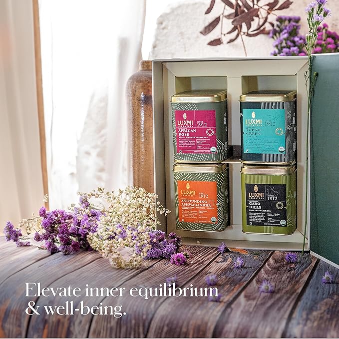 Luxmi Estates - Tea Set - Energy and Balance - 4 Packs with Organic Green Jasmine Ashwagandha and Hibiscus Rose Tea