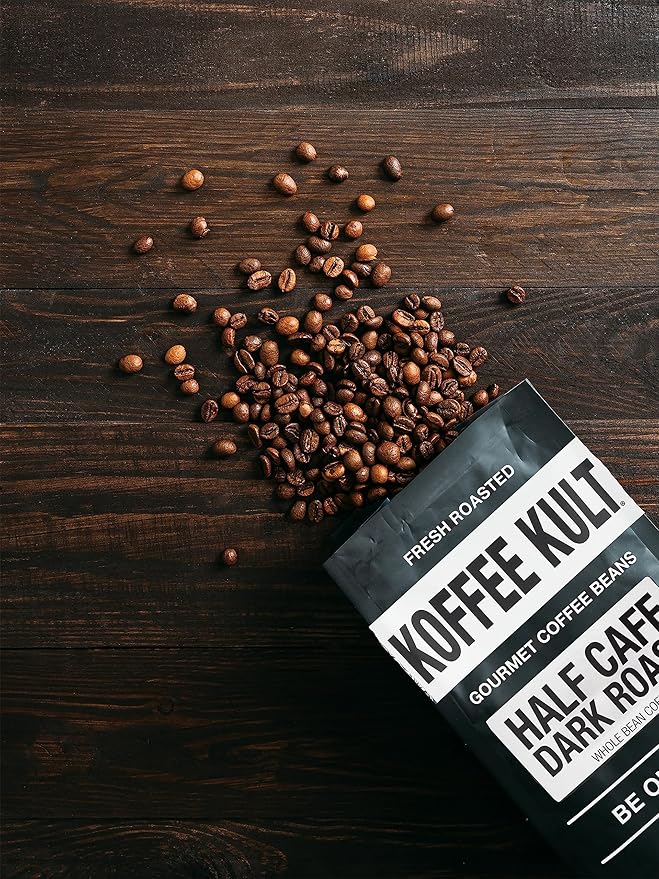 Koffee Kult Half Caff Coffee Whole Bean Dark Roast Half Caffeine Decaf Low Acid Naturally Decaffeinated (32oz Ground)