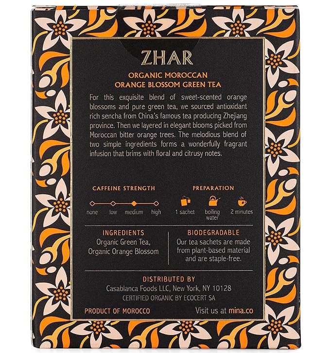 Mina Zhar Organic Moroccan Orange Blossom Green Tea 15 Biodegradable Sachets (Pack of 6) - Refreshing Sencha Green Tea Bags Low in Caffeine Orange Blossom Tea Bags