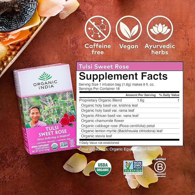 ORGANIC INDIA Tulsi Sweet Rose Herbal Tea - Holy Basil Leaf African Basil Chamomile Lemon Myrtle Stress Relieving Caffeine Free - 18 Bags 3 Pack