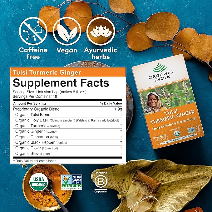 ORGANIC INDIA Tulsi Tumeric Ginger Herbal Tea - Stress Relieving &amp Harmonizing Immune Support Aids Digestion Vegan Caffeine-Free - 54 Infusion Bags 3 Pack