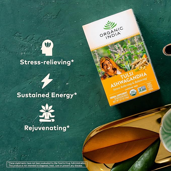 ORGANIC INDIA Calming Tulsi Ashwagandha Tea - Organic Tea Bags Holy Basil Vegan USDA Certified Organic Non-GMO Caffeine Free - 18 Infusion Bags 6 Pack