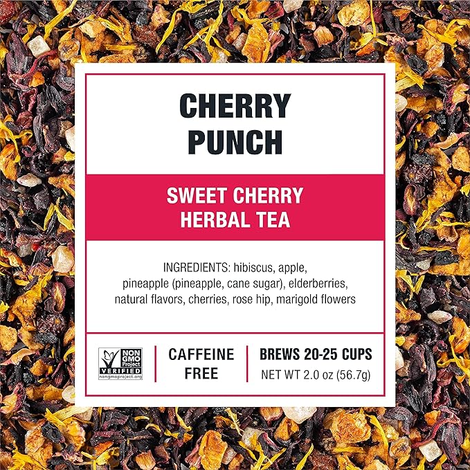 Tiesta Tea - Cherry Punch Herbal Tea and Brewbasket Infuser Bundle Sweet Cherry Herbal Tea Non-Caffeinated 2oz Refillable Pouch with 5oz Reusable Stainless Steel Strainer