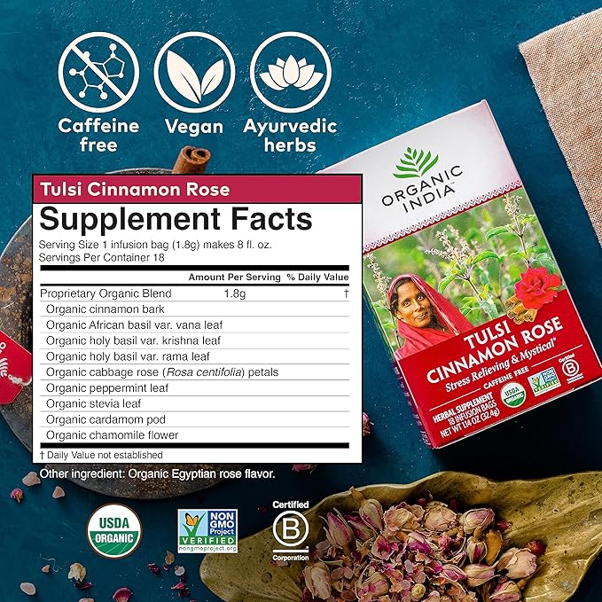 ORGANIC INDIA Tulsi Cinnamon Rose Tea - Tulsi Rose Tea Bags Cinnamon Tea Bags w/Holy Basil Chamomile Caffeine Free - 18 Infusion Bags 3 Pack