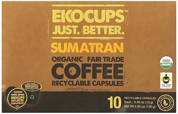 EKOCUPS Organic Sumatra Coffee Pods Extra 30% More Coffee Per Cup Fair Trade Dark Roast Sumatran Reserve Blend for Keurig K Cup Machines Recyclable Pods 40 Count (Pack of 4)