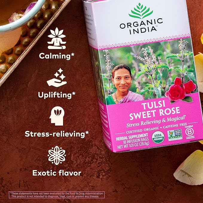 ORGANIC INDIA Tulsi Sweet Rose Herbal Tea - Holy Basil Leaf African Basil Chamomile Lemon Myrtle Stress Relieving Caffeine Free - 18 Bags 3 Pack