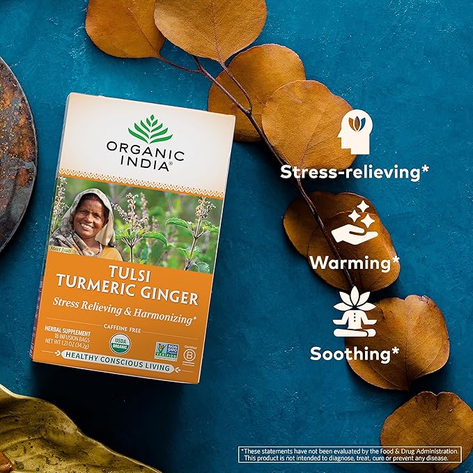 ORGANIC INDIA Tulsi Turmeric Ginger Herbal Tea - Stress Relieving &amp Harmonizing Immune Support Aids Digestion Vegan Caffeine-Free - 18 Infusion Bags 6 Pack