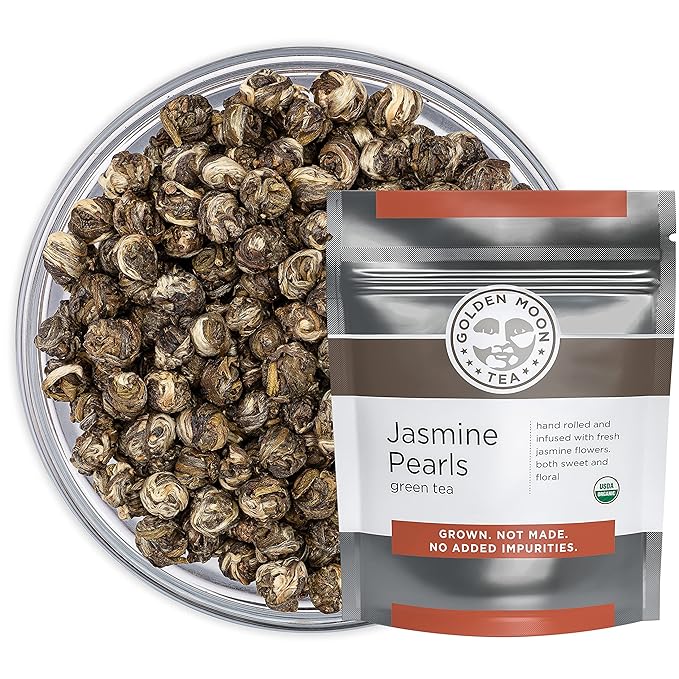 Golden Moon Tea Organic Jasmine Pearls Green Tea - Loose Leaf Dragon Pearls Premium Grade Non GMO - 1 Pound (192 Servings)