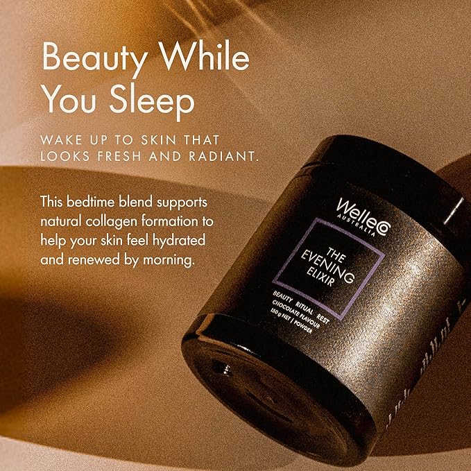 WelleCo The Evening Elixir Vitamin C Hot Chocolate Beauty Drink Mix with Niacin Lemon Balm &amp Magnesium Supports Sleep Collagen Formation &amp Skin Glow 150g (5.3 oz) Jar