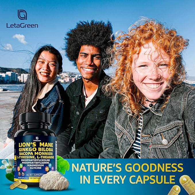 Organic Lions Mane Supplement Capsules - 120 Real Mushrooms Lion's Mane Capsules with Ginkgo Biloba Herb Bacopa Monnieri L Theanine L Tyrosine - Mushroom Complex for Daily Wellness