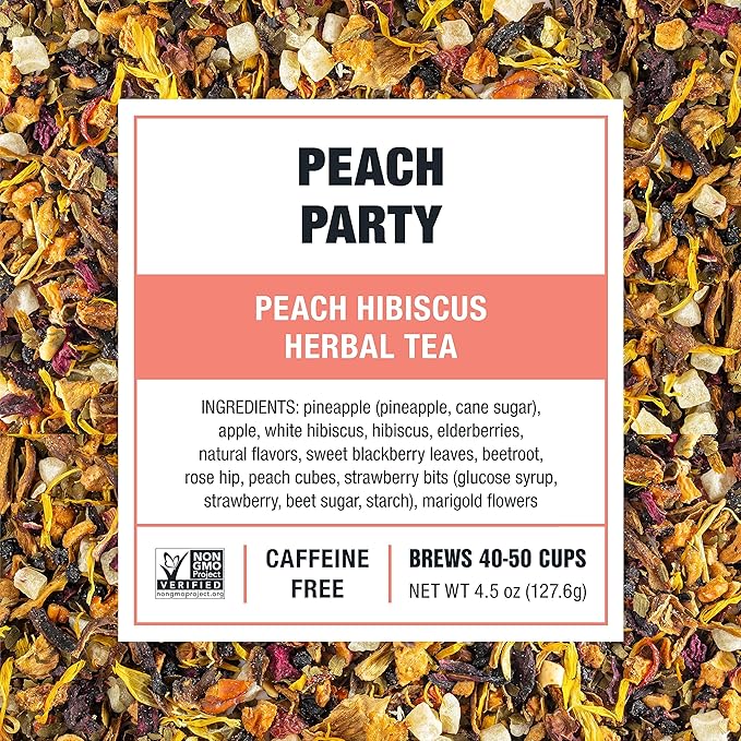 Tiesta Tea - Peach Party Herbal Tea and Brewbasket Infuser Bundle Loose Leaf Peach Hibiscus Tea Non-Caffeinated 4.5oz Refillable Tin with 5oz Reusable Stainless Steel Strainer